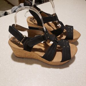 Clarks Annadel Pearl Black Nubuck Leather Wedge Sandals Womens Size 9.5